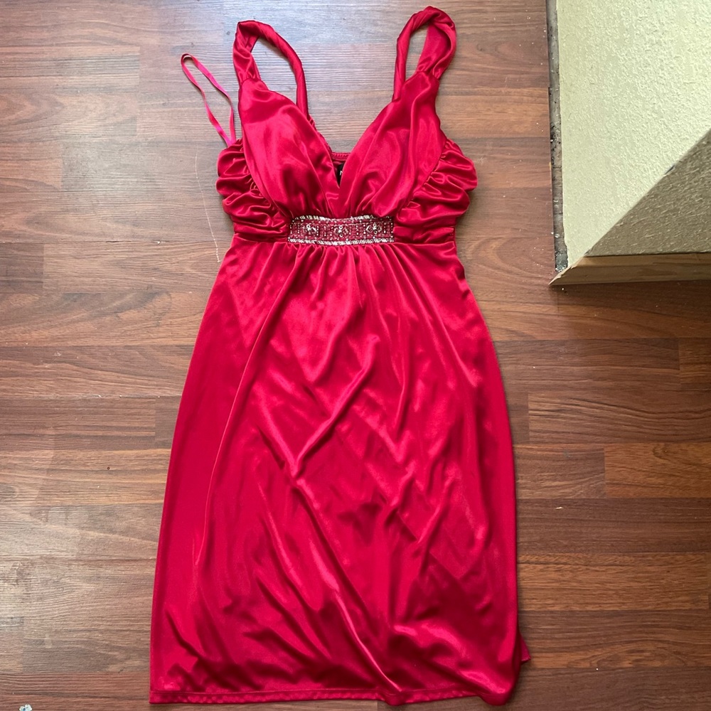 Beaded Elegant Red Satin Spaghetti Strap Dress